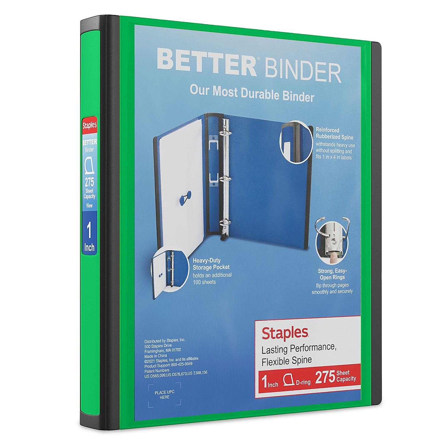Staples Better 1" 3-Ring D-Ring Binder, Green