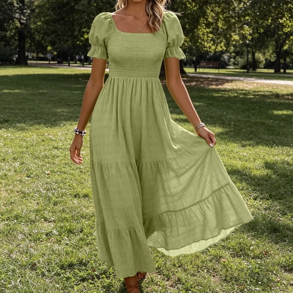Aimik Womens Smocked Midi Dress Square Neck Puff Short Sleeve Tiered Ruffle A Line Flowy Dresses for Spring Summer