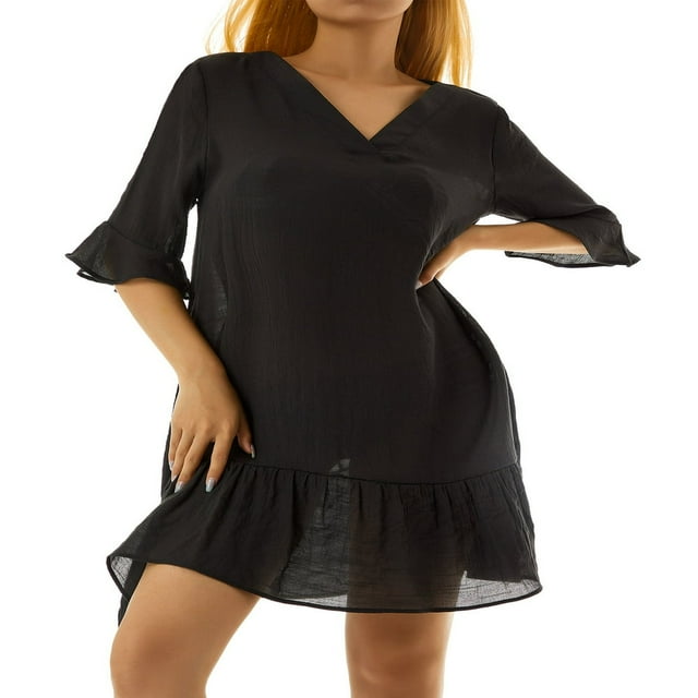 MesaSe Women Cover-up Dress Short Sleeve V Neck Solid Ruffled Loose Beach Dress