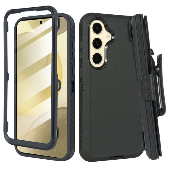 6goodeals Designed for Samsung Galaxy S25 Case with Belt Clip Holster, Built-in Screen, Anti-Drop, Shockproof, with Kickstand, Heavy Duty Protection Black