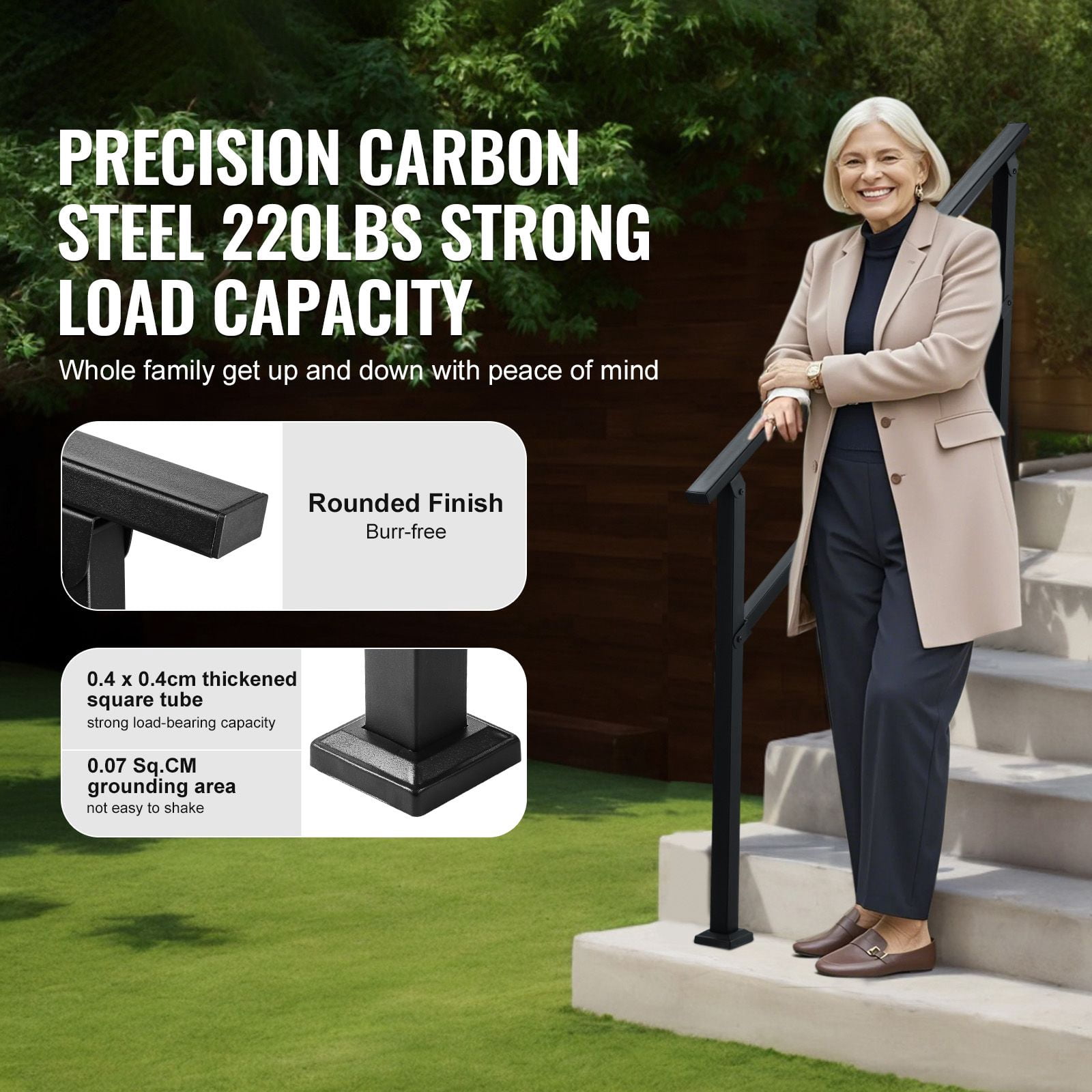 Outdoor Handrails for Steps, 4-5 Step Stair Rail Kit, Black Square Tube with Horizontal Bar, Carbon Steel Support Rails for Seniors, Concrete & Deck Stairs