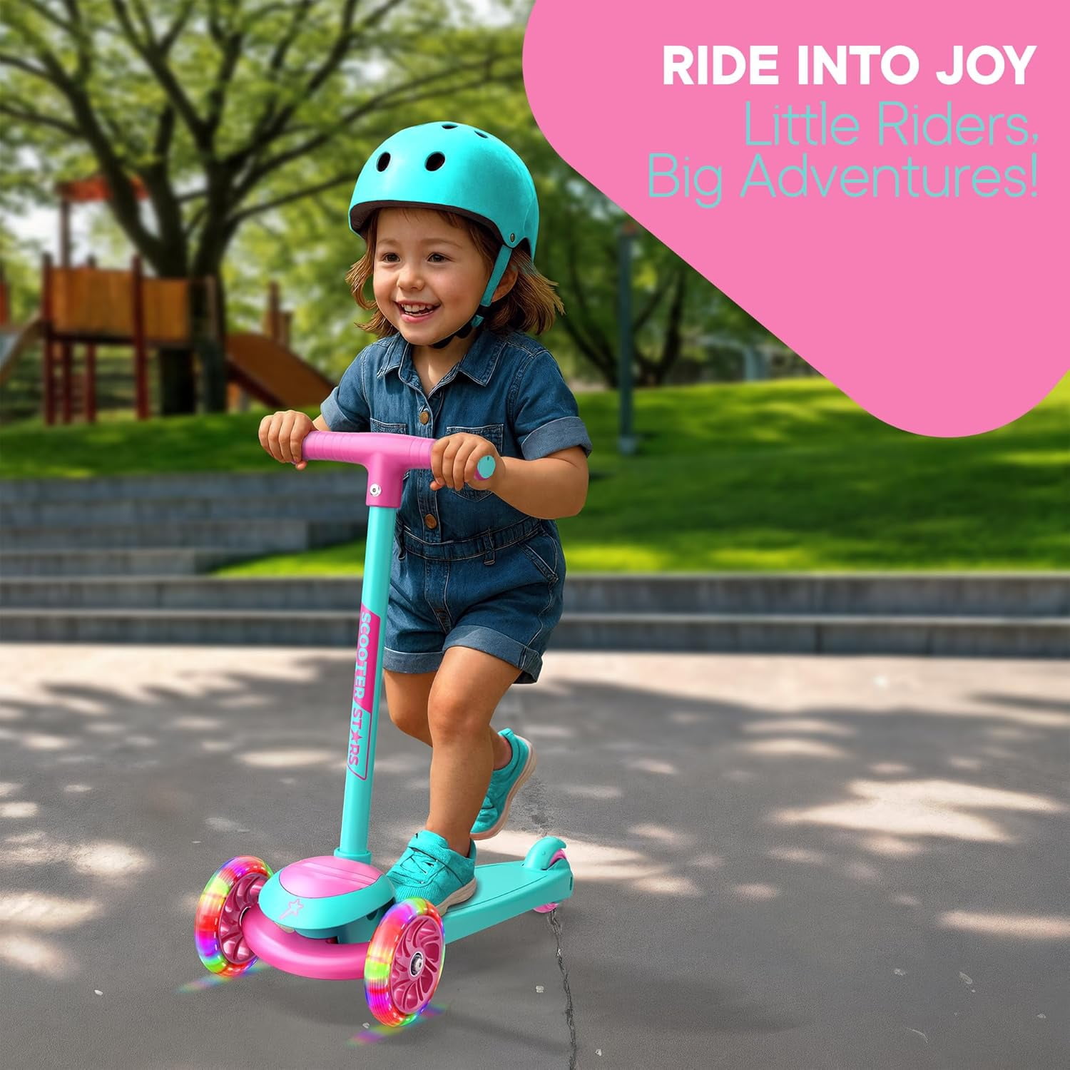 Scooter Stars 3-Wheel Kids Scooter with Light-Up LED Front Wheels, Wide Anti-Slip Deck, Rear Foot Brake, Lean-to-Steer Ride-On Toy