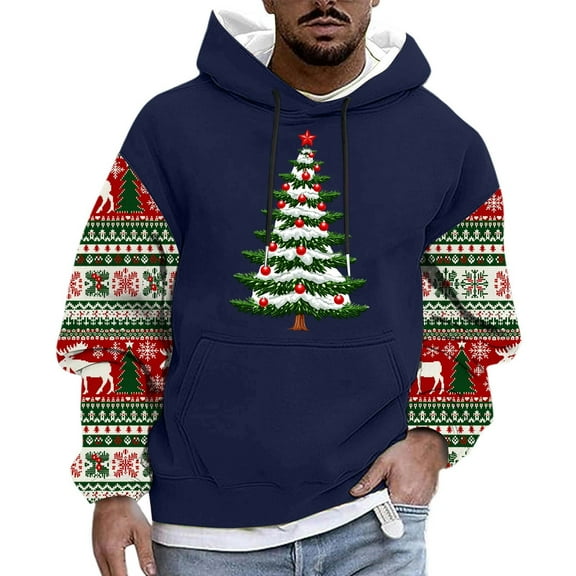 Cavosen Christmas Mens Zip up Hoodie Big and Tall Long Sleeve Loose Hoodie Christmas Tree Graphic Stretch Drawstring Sweatshirt Casual Tops