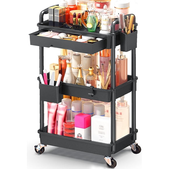 Carrito organizador de maquillaje SUNALLY con cajón, negro
