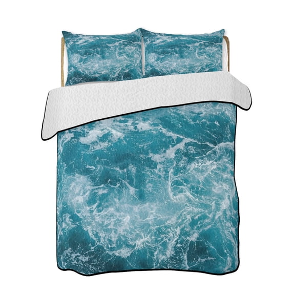 Quilt King Size Bedding Set, Teal Blue Ocean Reversible Summer Quilt 3 Pieces, Modern Summer Coastal Sea Waves Lightweight Bedspreads Coverlets with 2 Pillow Shams for All Seasons