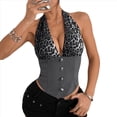 thumbnail image 3 of Top Corto con Cuello Halter y Estampado de Leopardo en Contraste para Mujer, Escote en V Profundo, de Botones, Sin Mangas y Espalda Abierta Gris M, 3 of 10