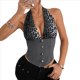 thumbnail image 3 of Top Corto con Cuello Halter y Estampado de Leopardo en Contraste para Mujer, Escote en V Profundo, de Botones, Sin Mangas y Espalda Abierta Gris M, 3 of 10