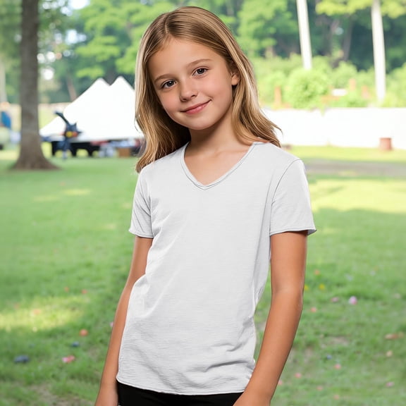 OOOUM Kids V-Neck T-Shirt Boys Girls Short Sleeve Tee Solid Color Regular Fit Top Casual Shirt,13-14 Years