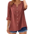 thumbnail image 3 of Auralook Womens 3/4 Sleeve Tops Cotton Linen Shirts Loose Casual V Neck Button Lace Blouses Summer Vacation Clothes, 3 of 9