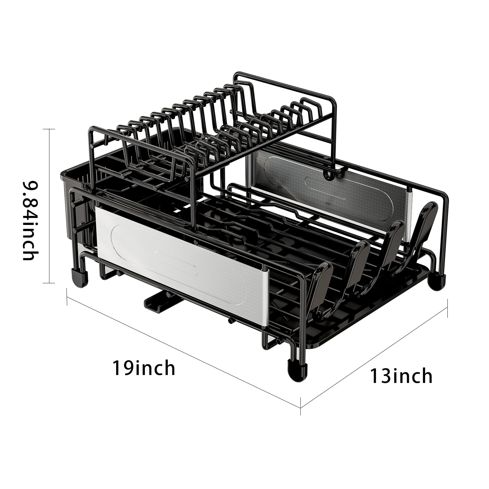 Large Dish Drying Rack for Kitchen Counter, Detachable Large Capacity Dish Drainer Organizer, 2-Tier Dish Racks with Utensil Holder, Black