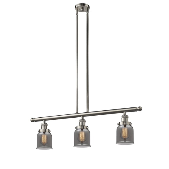 Small Bell Brushed Satin Nickel Three-Light LED Island Pendant with Smoked Bell Glass
