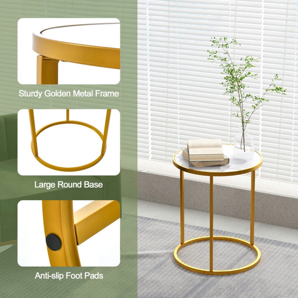Finihen End Table, Round Marble End Table, 16 Inch Marble Top Round Side Table with Golden Metal Frame-Set of 2, Sofa Side Table, Bed Side Table, for Living Room, Bedroom, White Finihen End Table, Round Marble End Table, 16 Inch Marble Top Round Side Table with Golden Metal Frame-Set of 2, Sofa Side Table, Bed Side Table, for Living Room, Bedroom, White