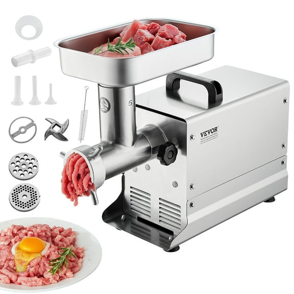 VEVOR Meat Grinder, 5 Lbs/Min Capacity Electric Meat Grinders with Blade, Grinding Plate, Sausage Maker, Stainless Steel Commercial Meat Mincer for Kitchen Restaurant Butcher Store