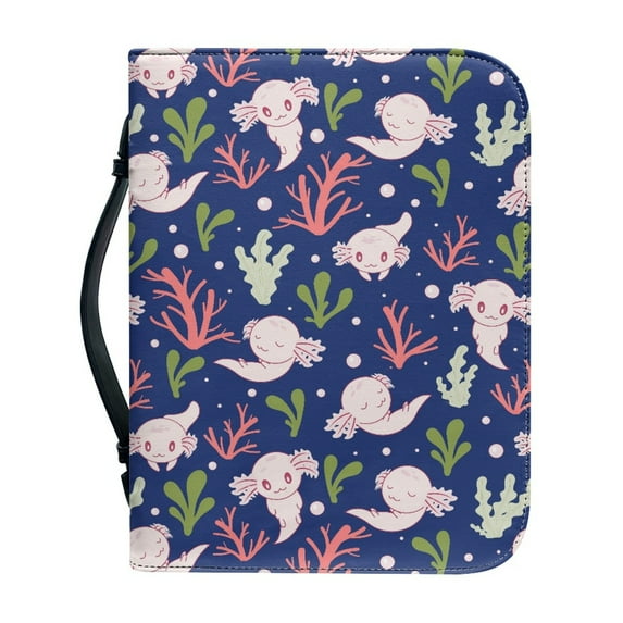 Xoenoiee Cute Axolotl Pattern Faux Leather Bible Cover for Men Boys Women Girls Christian Bible Case with Handle Carrying Book Case Protector Bible Tote Handbag Gifts, 2XL