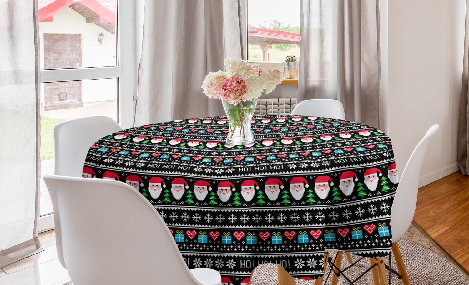 Christmas Round Tablecloth, Nordic Norwegian Traditional Retro Patterns