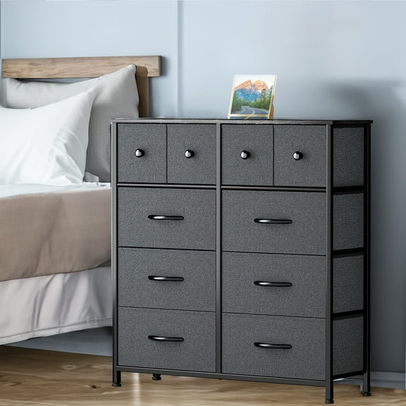 DEXTRUS Fabric Dresser with 10 Drawers with Sturdy Steel Frame, Wooden Top for Bedroom, Gray