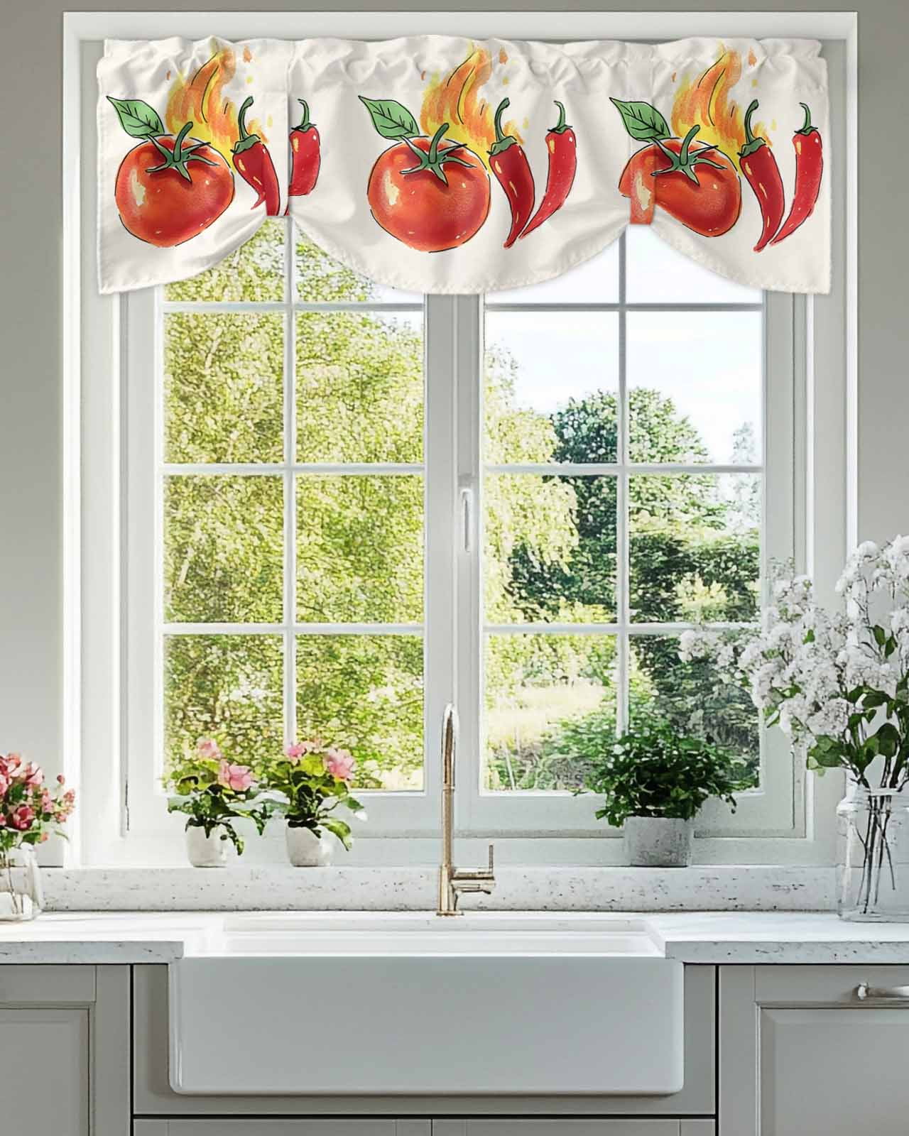 Tomato Chili Fire Tie Up Valances Curtain, Vegetable Kitchen Valances for Windows Decor, Rod Pocket Short Curtains Set for Bedroom/Bathroom, 54"x18"