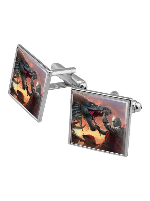 Knight Warrior Dragonslayer Dragon Fantasy Square Cufflink Set - Silver or Gold