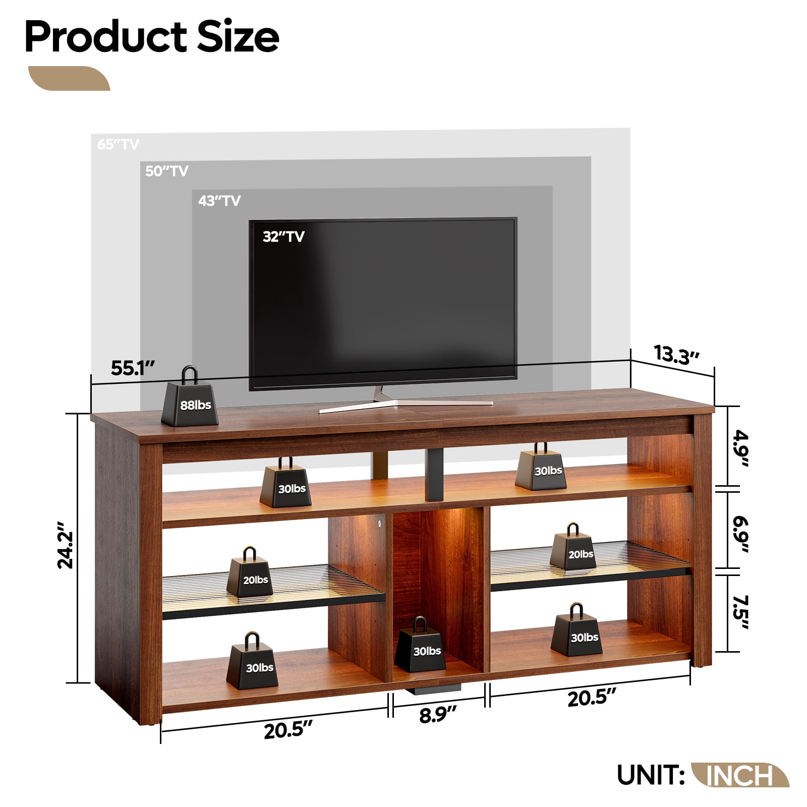 Bestier Tall TV Stand for 65" TVs,Entertainment Center with PS5 Storage,LED TV Stands for Living Room,TV console with Adjustable Storage Shelf,Walnut TV Stand