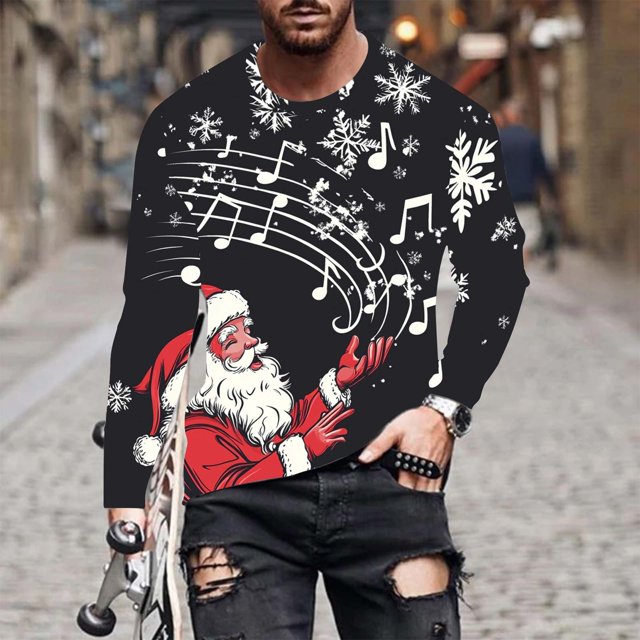 Blusas y camisas de manga larga con cuello redondo para hombre, moda navideña, informal, estampado, cuello redondo, manga larga, blusa estampada para hombre, blusa de poliéster