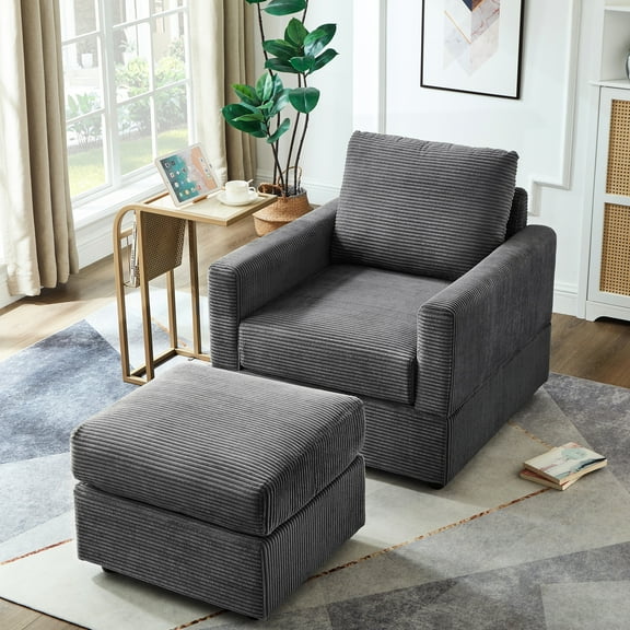 Comfy Grey Corduroy Chaise Lounge - Living Room Chair Piece With