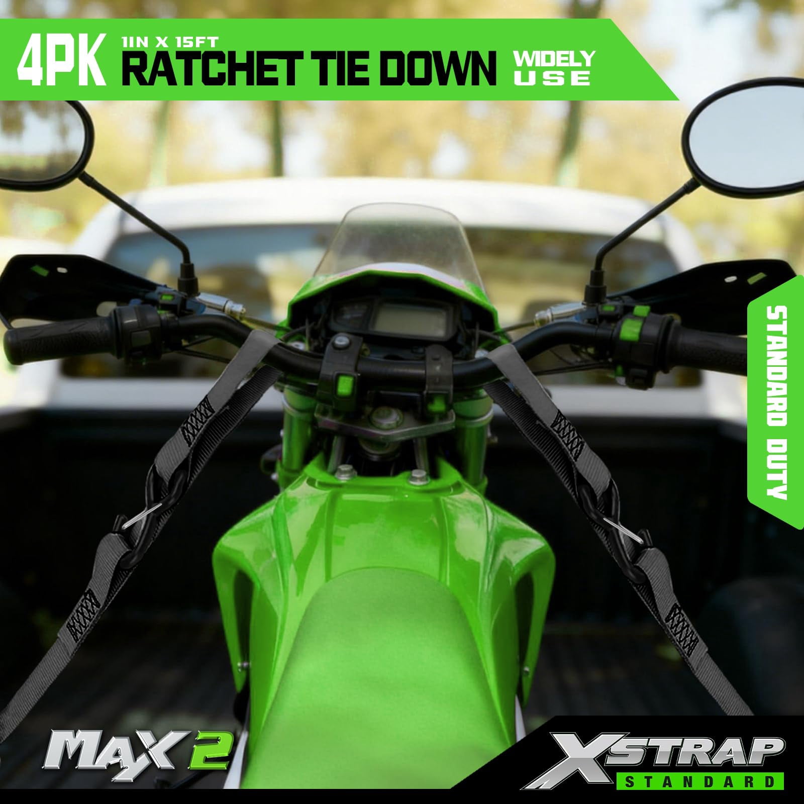 XSTRAP STANDARD Motorcycle Ratchet Tie Down Straps - 4 Pk 1'' x 15 Ft 1890 Lbs Break Strength-Cargo Straps with Integrated Soft Loops, Padded Handles & Coated Safety Clip for Motorcycle, Truck(Black)