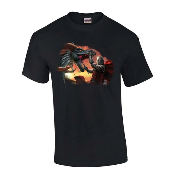Knight Fighting Dragon House of Dragon Moonlight Mens Short Sleeve T-shirt Graphic Tee-Black-small
