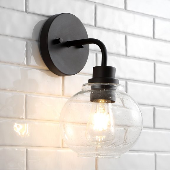 JONATHAN Y Sandrine 6.5" 1-Light Iron/Seeded Glass Cottage Rustic LED Vanity Light, Oil Rubbed Bronze