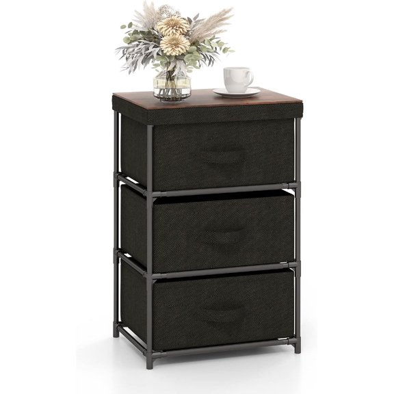 CRXX Nightstand with 3 Fabric Drawers, 24.5" Storage Dresser with Metal Frame and Wood Top for Closet, 3-Drawer Bedside Table with Removable Lid for Bedroom Dorm, Easy Assembly (1, Black)