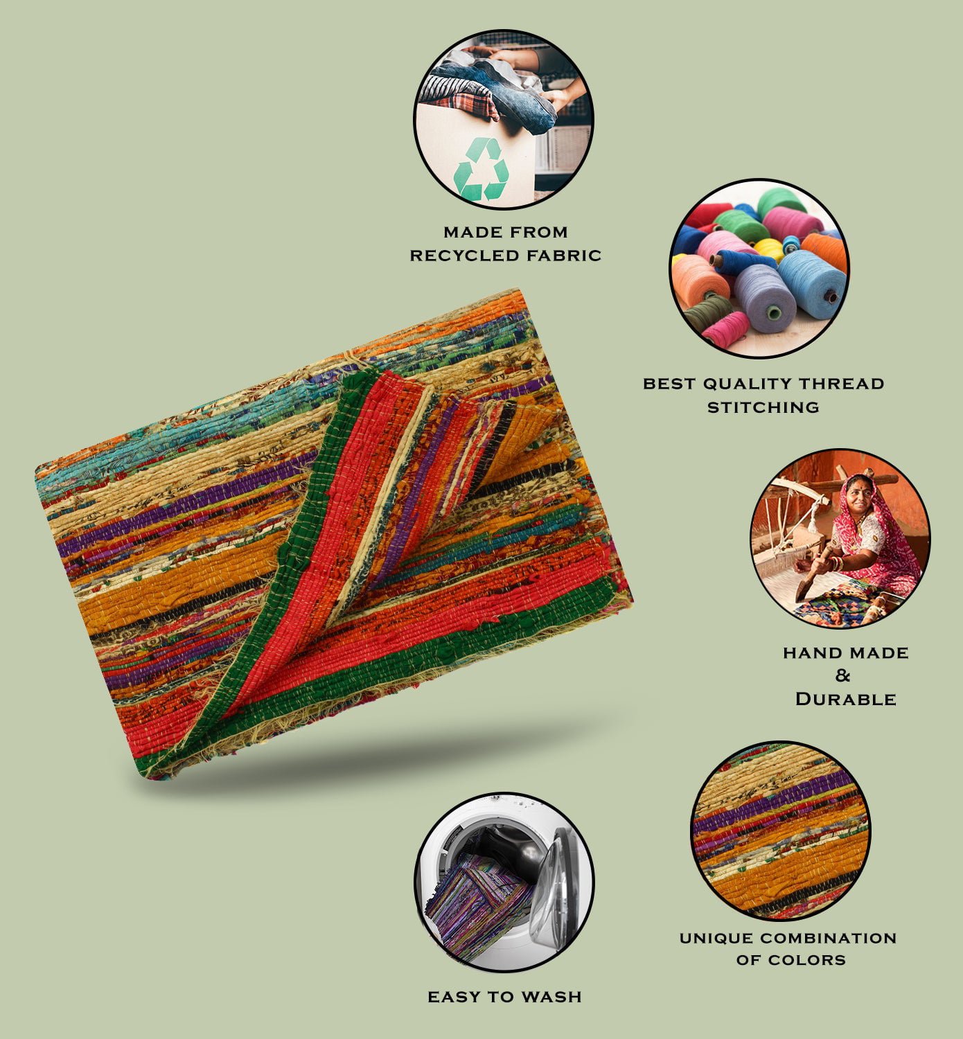 Indian Arts Fair Trade Rag Rug Hand Loom 100% Recycled Materials Multicolour 55 x 150cm