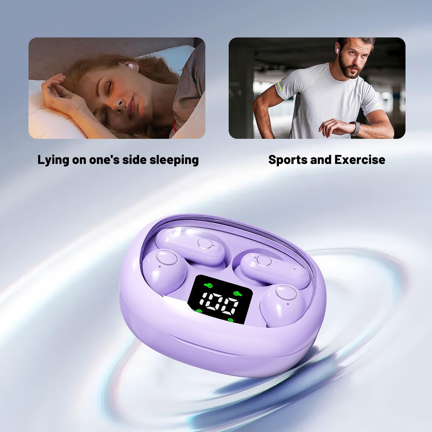 Wireless Bluetooth Headset，Tiny Size Invisible Earbuds，Sleep and Sports Earphones Set, Mini and Short Handle Design，for Work Sport Sleeping ﻿ ﻿ (Purple)