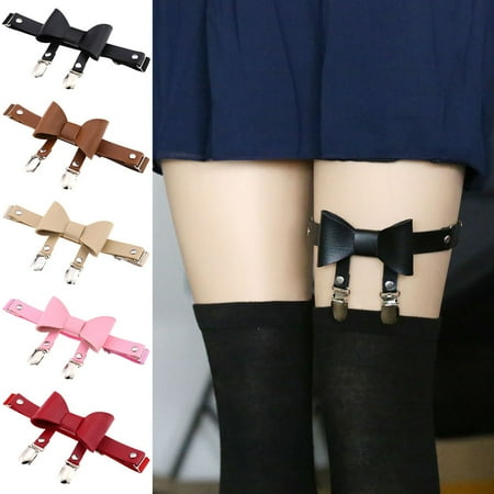 

Waroomhouse Chic Women Ladies Faux Leather Bowknot Leg Garter Belt Elastic Punk Thigh Ring