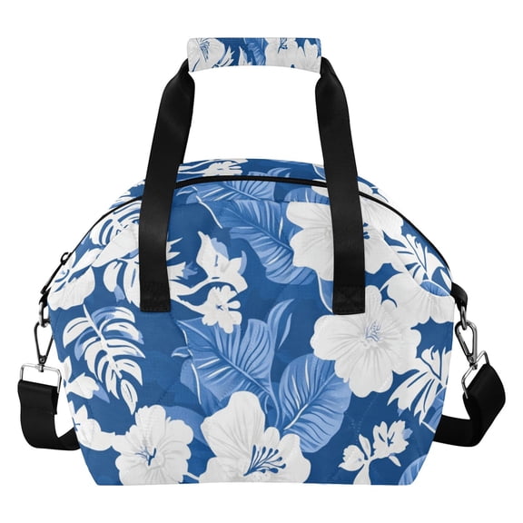 Hawaii Style Blue Leaves White Florals Insulated Lunch Bag Reusable Quilted Lunch Box Waterproof Leakproof Lunch Container