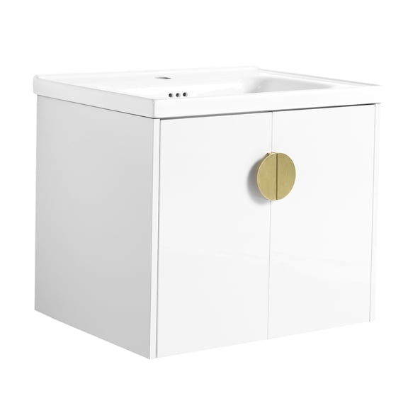24-Inch Glossy White Bathroom Vanity with Wall-Mounted Style and Golden/Black Handles - Beautiful Surface, Good for Small Spaces
