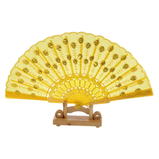 Gran variedad de abanicos plegables de tela y flores de seda españoles, ideales para bodas, fiestas y como regalo. Amarillo