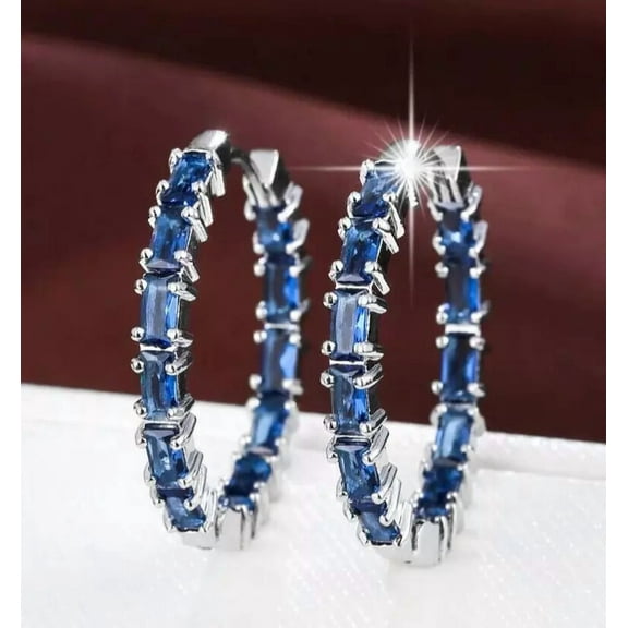 14K White Gold Plated Unique Blue Baguette Cubic Zirconia Women Hoop Earrings