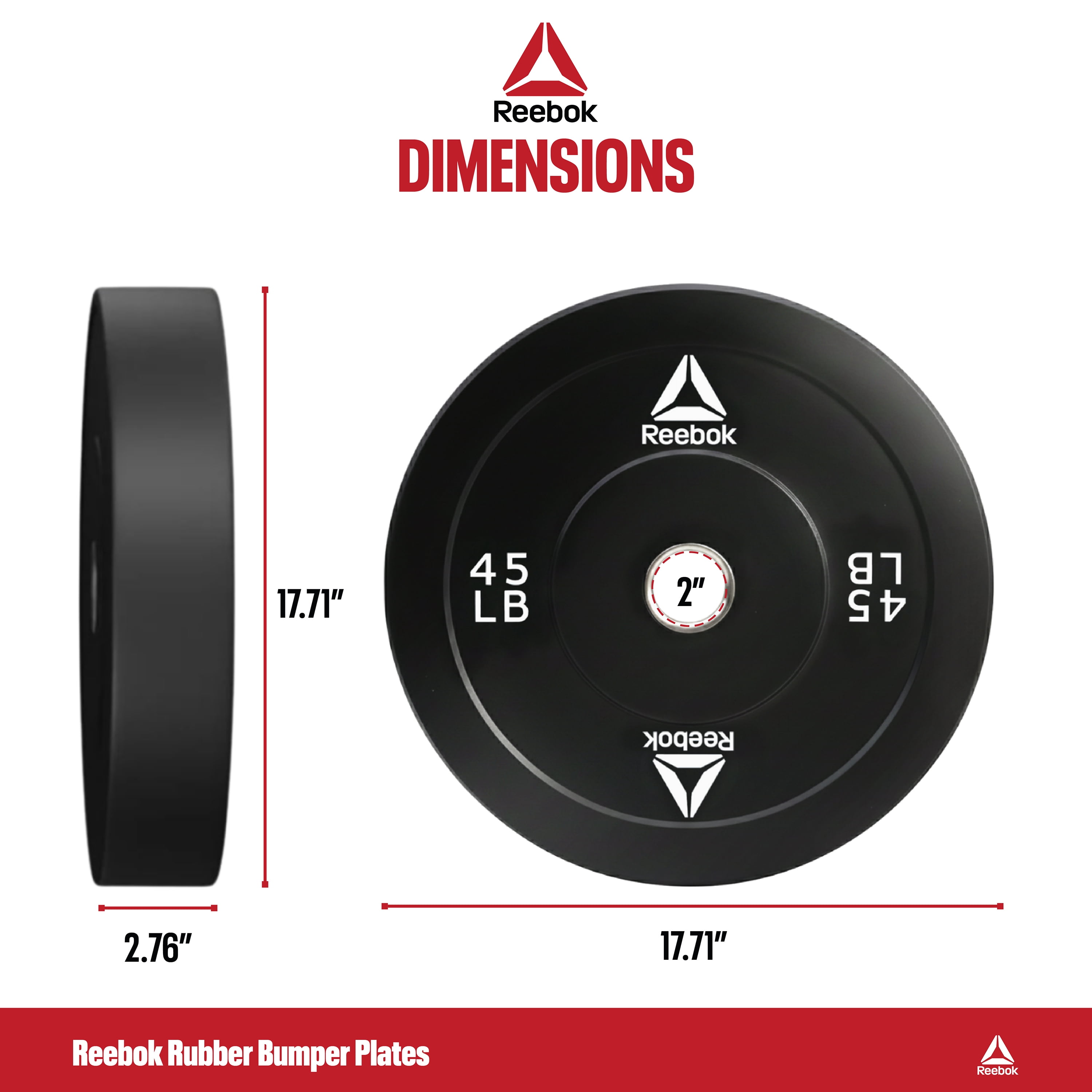 Reebok 45lb Olympic Rubber Bumper Plate – Low-Bounce Plates for Strength Training