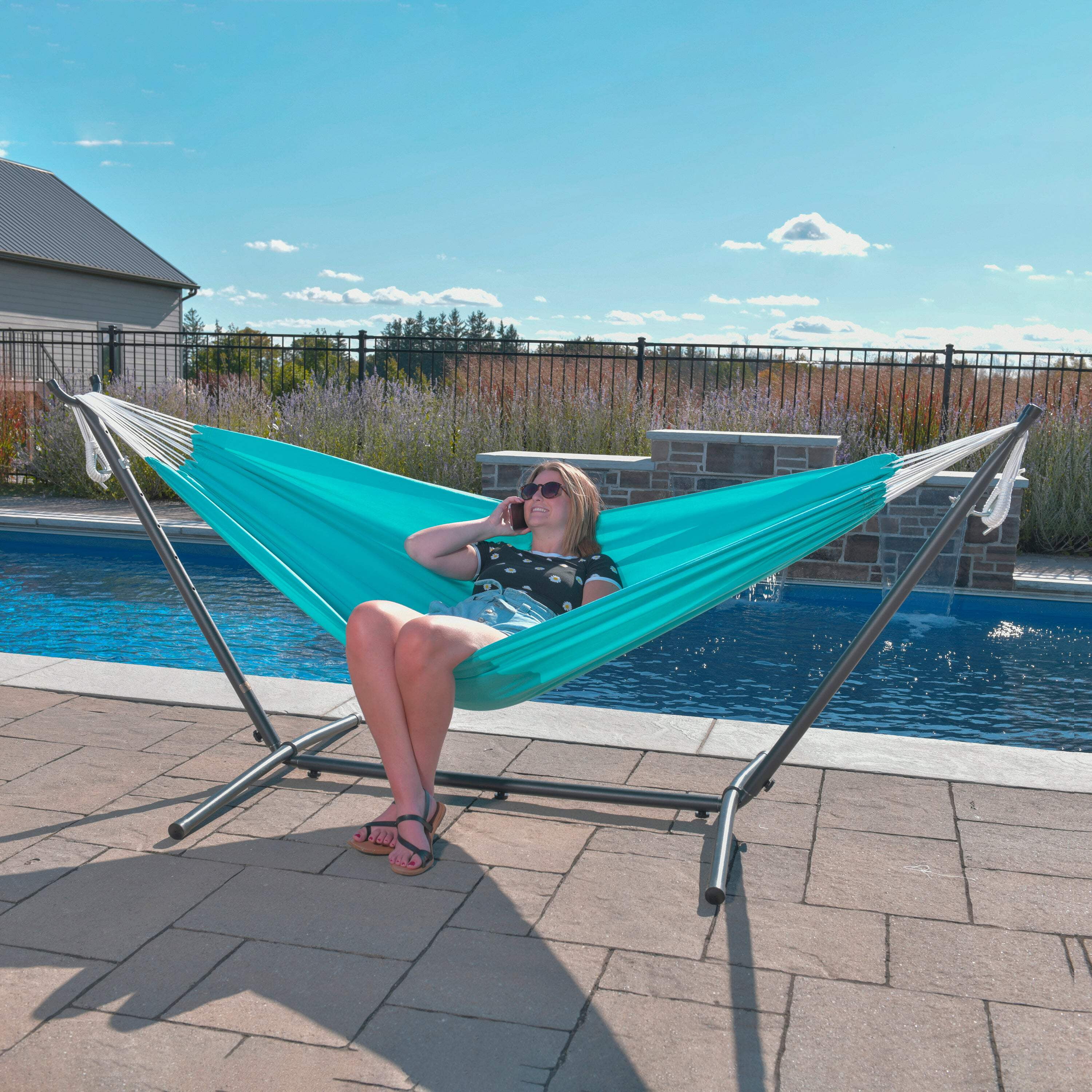 Vivere Double Sunbrella Hammock with Steel Stand and Carry Bag, 9 Foot, Aruba