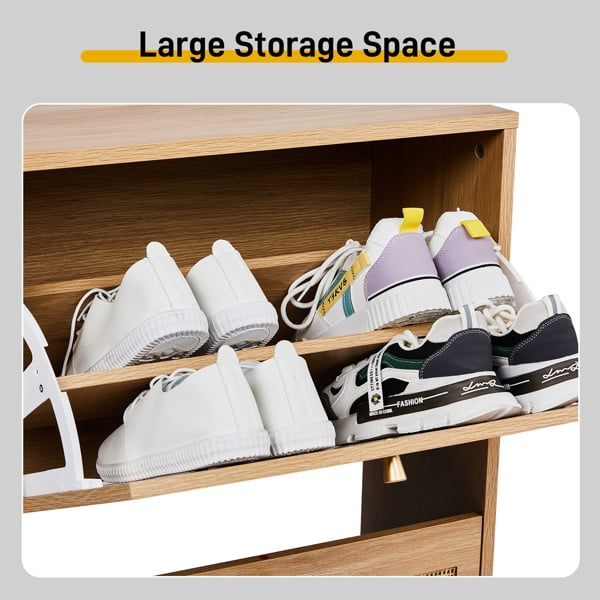 AsterOutdoor 2-tier Flip-Down Shoe Cabinet Natural Rattan Arched Front 8 Compartments MDF with Melamine, High Legs for Entryway