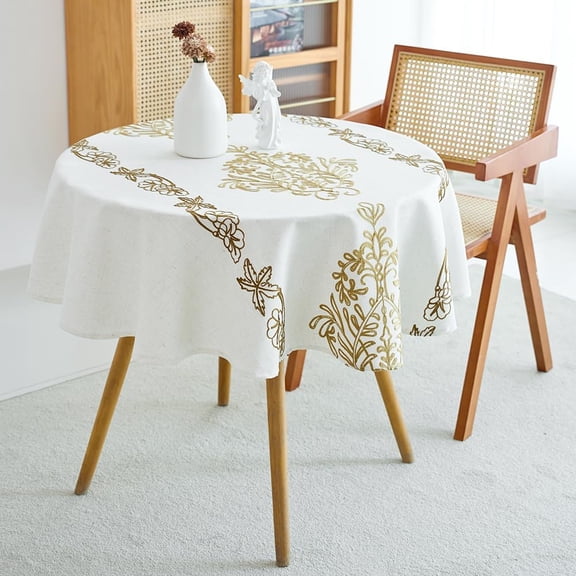 Elegant Damask Tablecloth, Beige Cotton Linen Baroque Table Cover, Classic Vintage Wrinkle and Stain Resistant Washable Table Protector for Dining Kitchen Party Indoor Outdoor (Round 55")