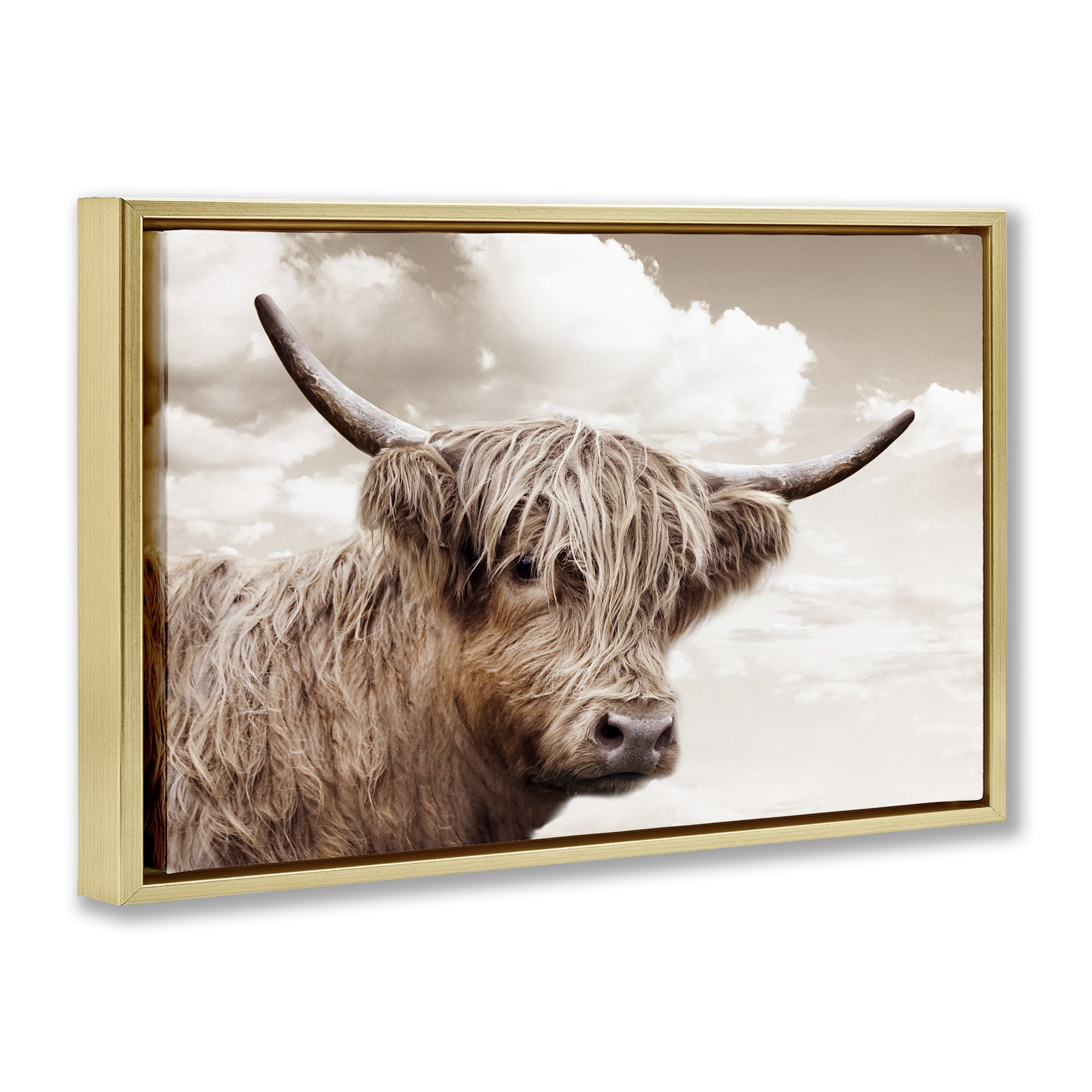 Stupell Industries Shaggy Highland Cow & Clouds Gold Framed Floater Canvas Wall Art, design by CAD Designs