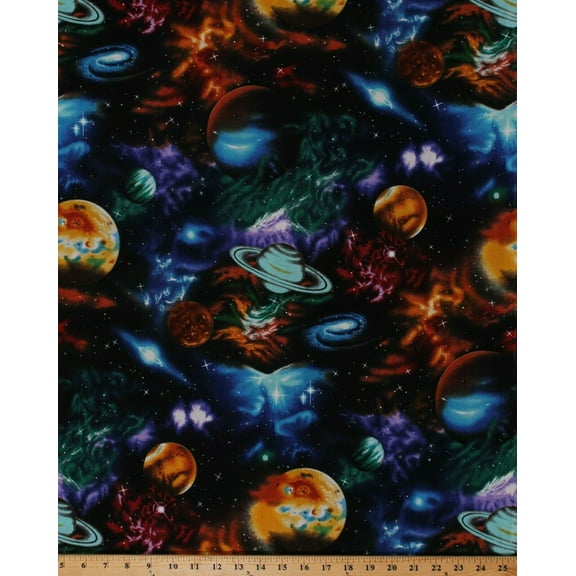 Cotton Outer Space Planets Suns Stars Solar System Galaxy Universe Black Cotton Fabric Print by the Yard (EKJM-6075-2-BLACK)