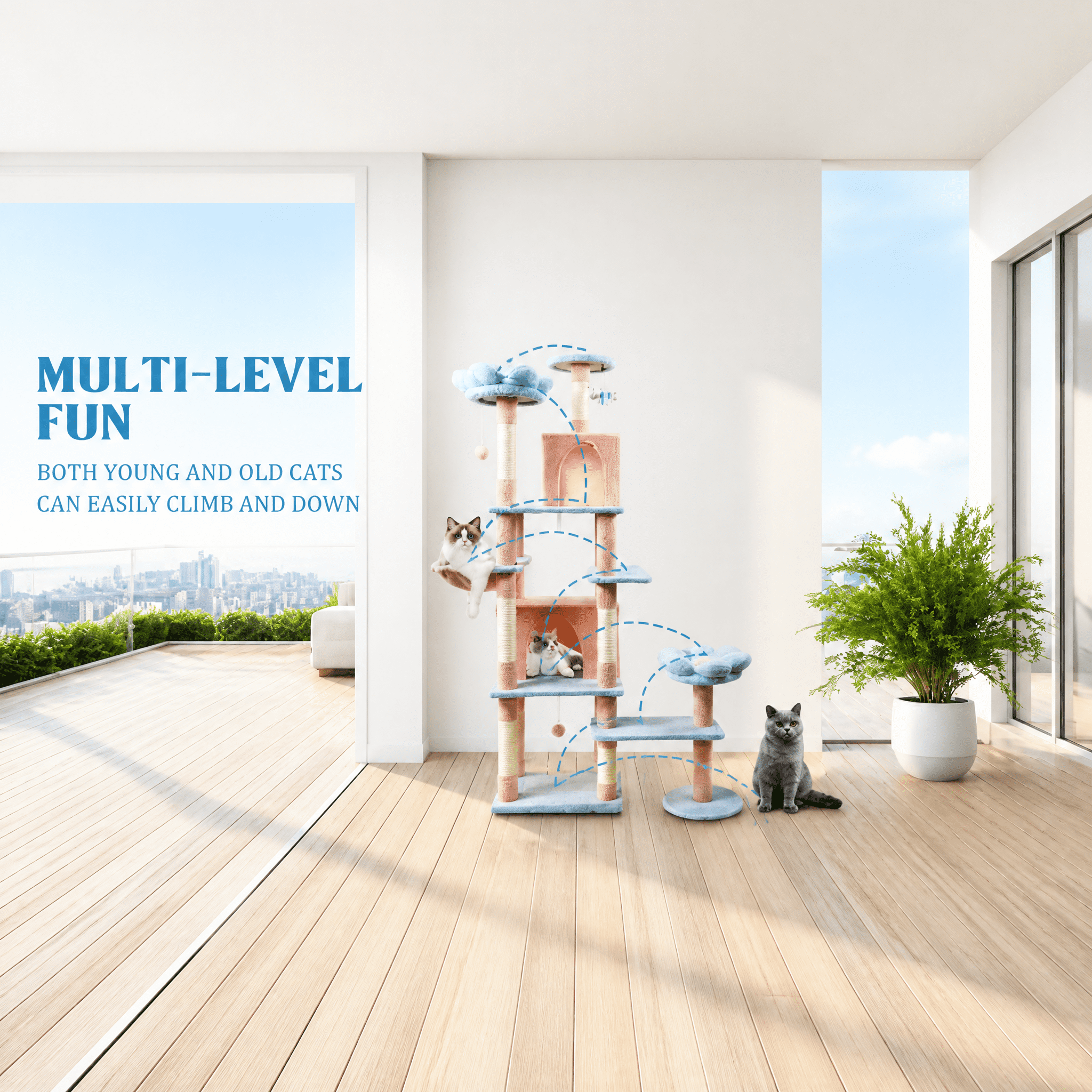 71 Inch Blue Floral Cat Tree, 7-Tier Large Cat Tower with Spacious Condo, Removable Flower Cushion & Hammock, Natural Sisal Scratching Posts for Large & Multi-Cat Homes