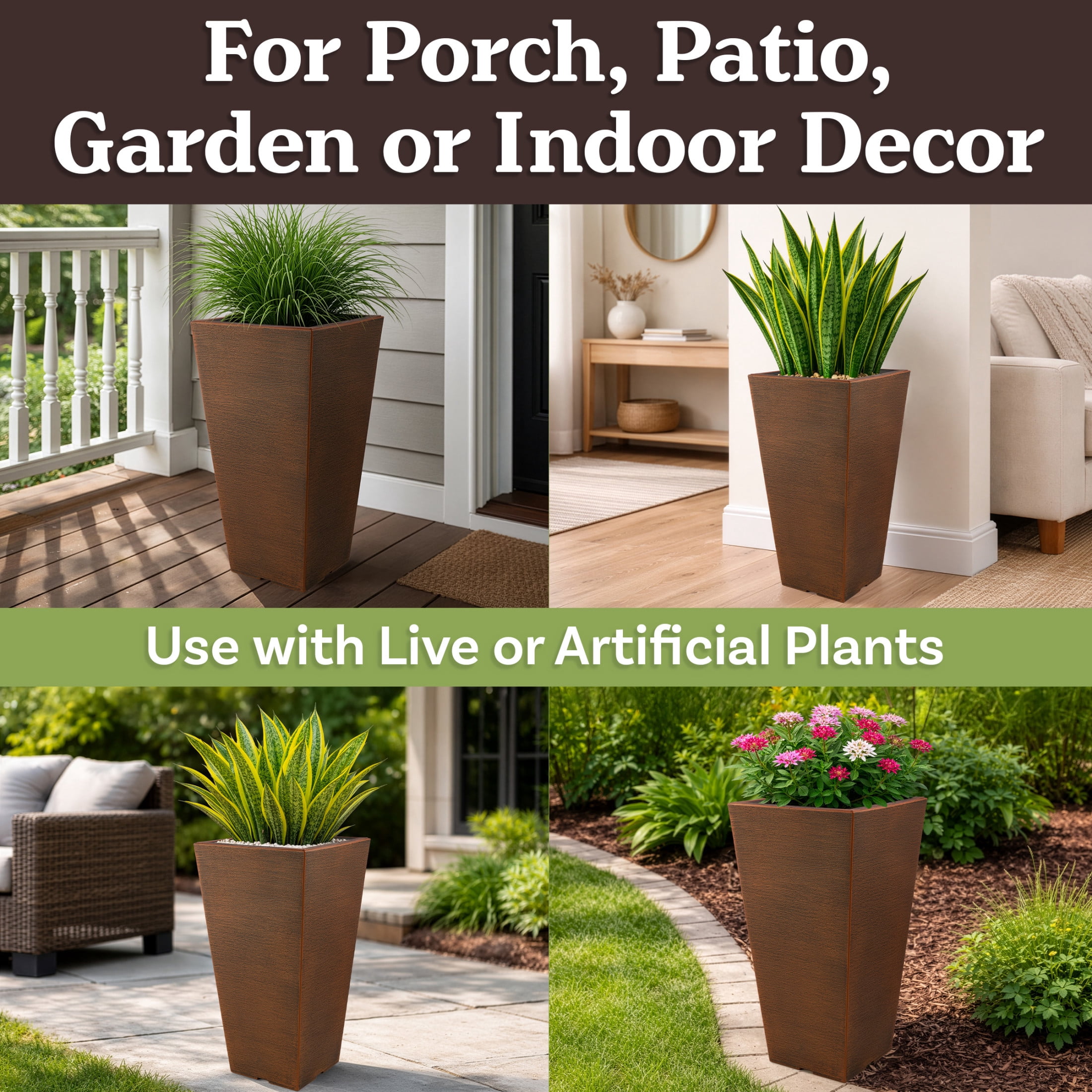 Pure Garden Large Outdoor Planters 2-Pack - 22.4” Tall Planters for Outdoor Plants or Indoors, Bronze