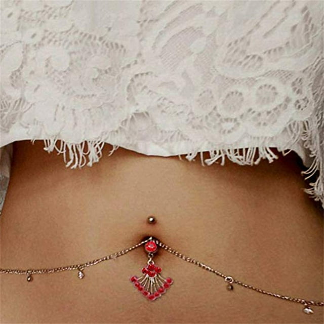 Body Chain Gorgeous Glamorous Belly Chain Adjustable Dangle Waist Chain with Navel Ring for Dancing Party Beach