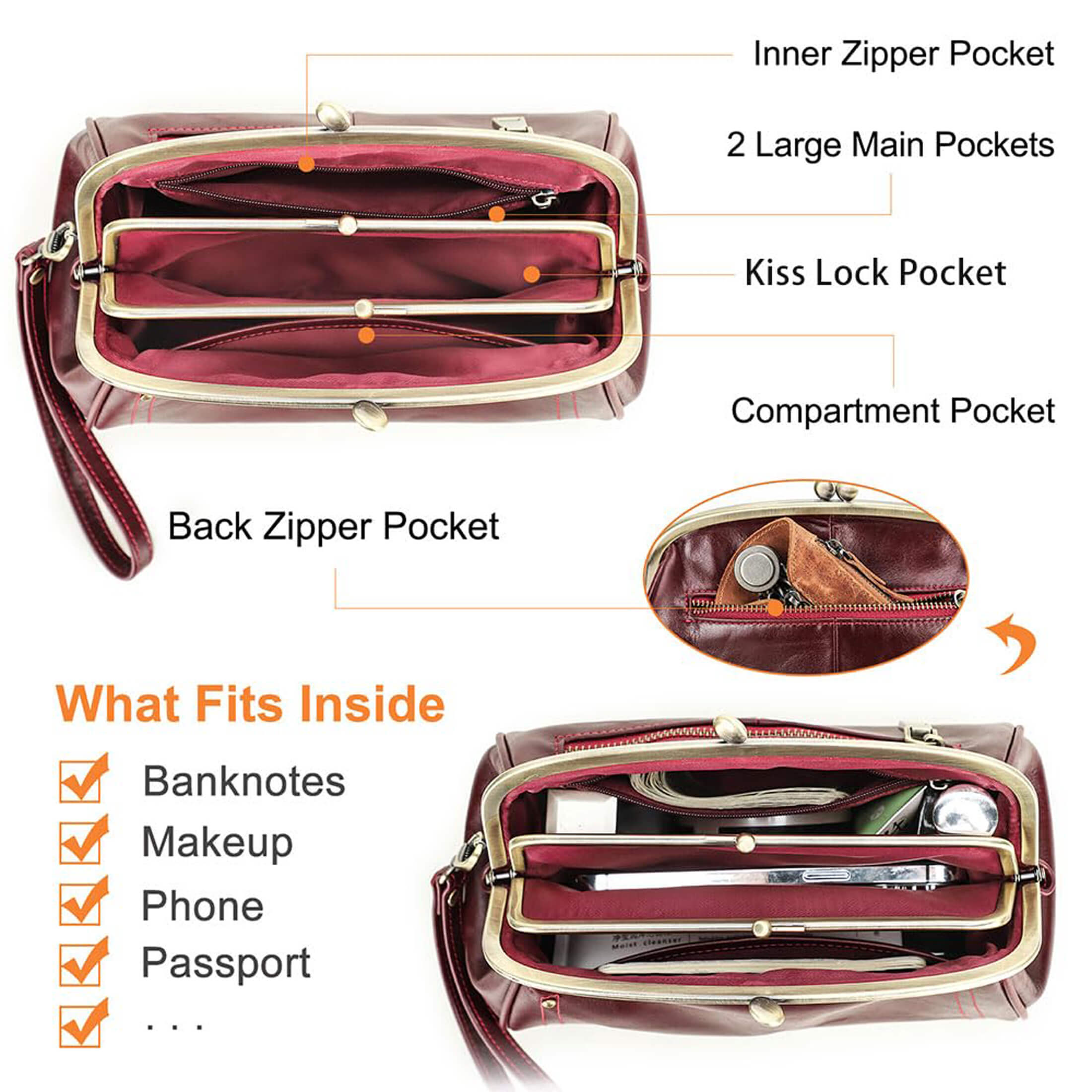 Contact's Dual Kiss Lock Clutch Bag for Women Leather Evening Bag Large Clutch Purse Vintage Handbag Phone Organizer (Wine Red)