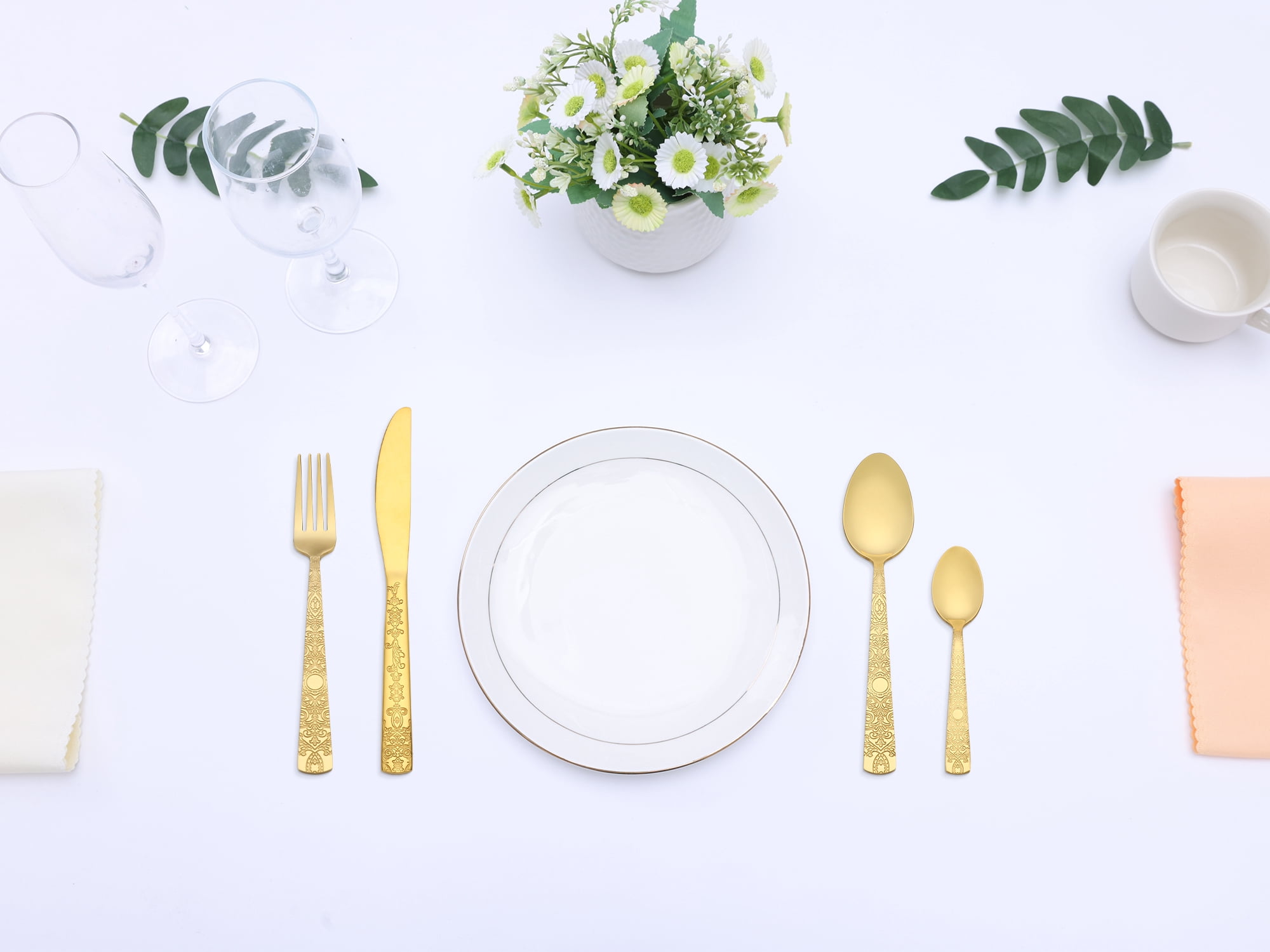 Unique Bargains Stainless Steel Floral Flatware Set for Various Occasions Gold 4pcs
