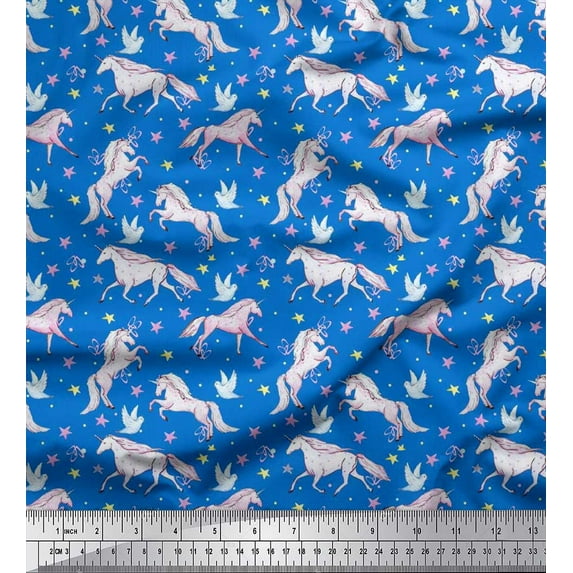 Soimoi Japan Crepe Satin Fabric Dot,Star & Unicorn Animal Fabric Prints By Yard 42 Inch Wide