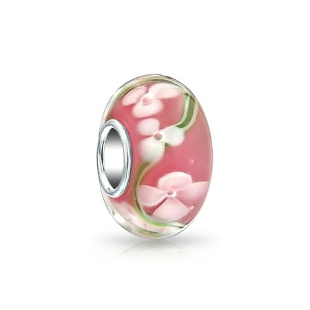 Green Beads Glass Charms - Pink White and Green Murano glass Lampwork Floral Charm Bead .925 Sterling Silver