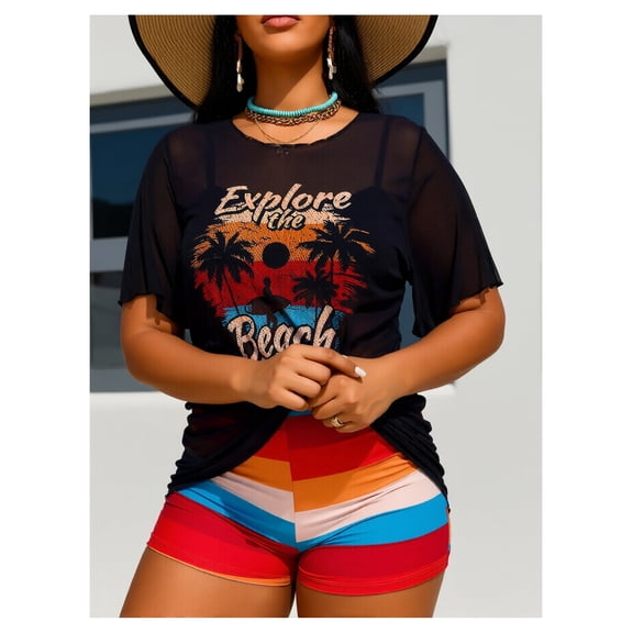 Women's 3 Piece Swimsuit Mesh Short Sleeve Bathing Suits Cover Up and Short